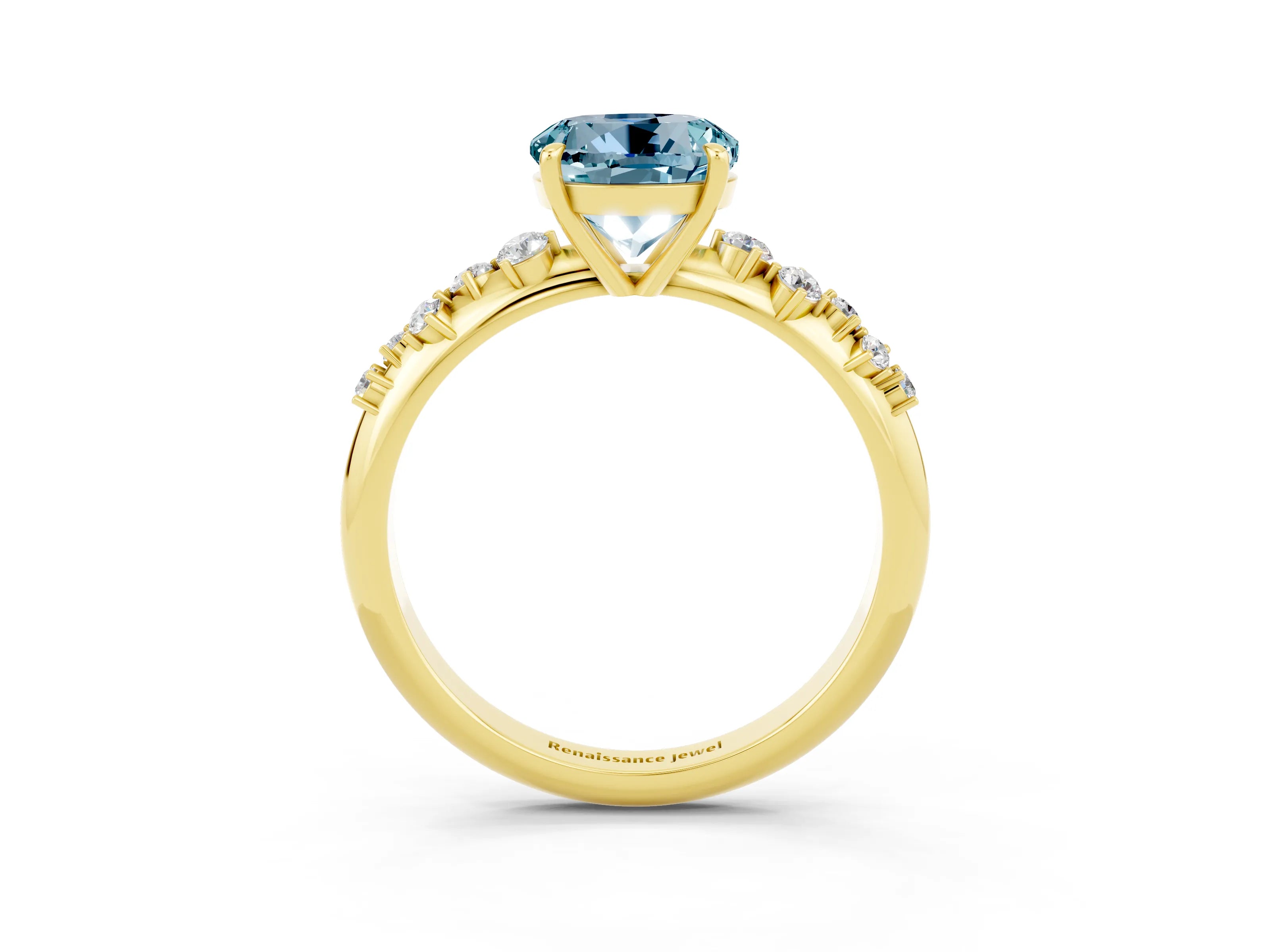 Yellow gold Round Cut Aquamarine Cluster Side Stone Solitaire Ring with Prong Setting_27