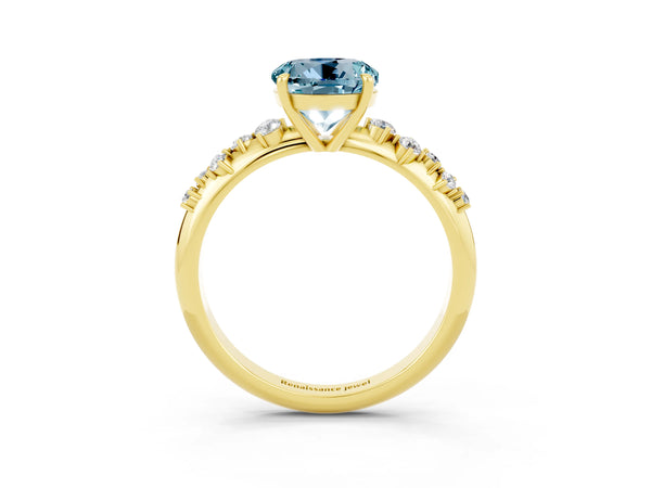 Yellow gold Round Cut Aquamarine Cluster Side Stone Solitaire Ring with Prong Setting