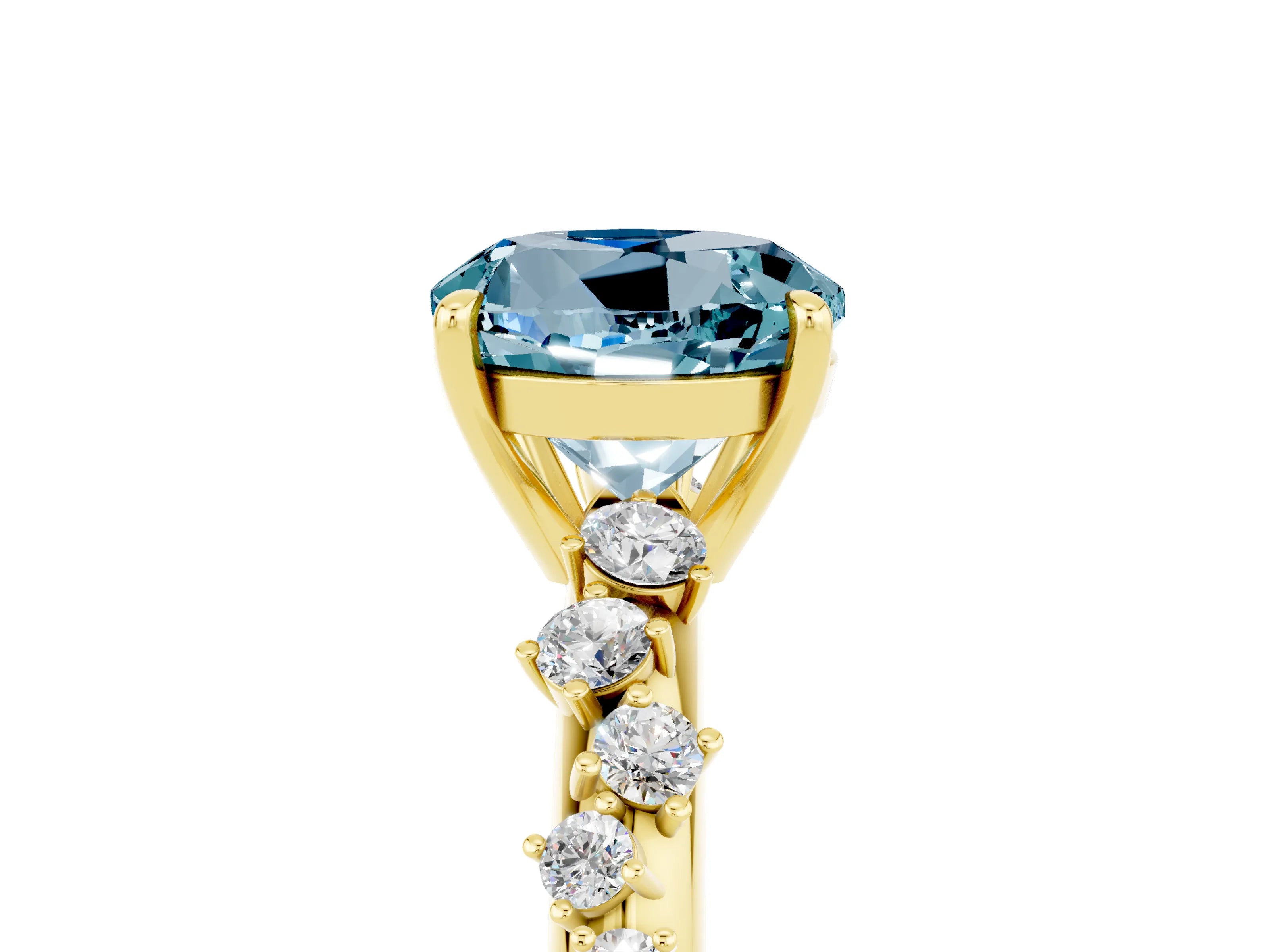 Yellow gold Round Cut Aquamarine Cluster Side Stone Solitaire Ring with Prong Setting_29