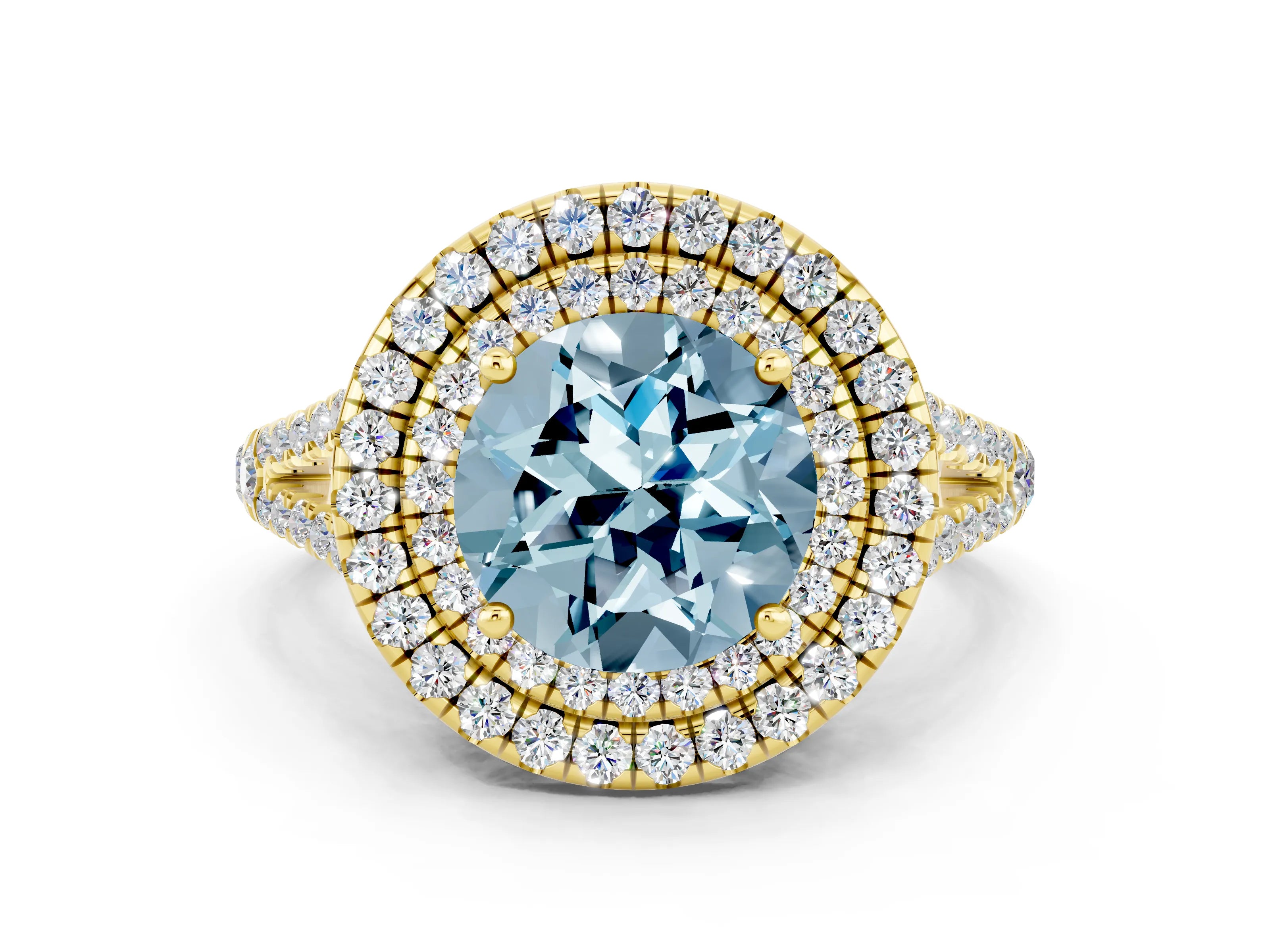 Yellow gold Round Cut Aquamarine Double Halo Ring with Pavé Band and Prong Setting_12