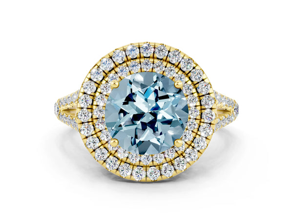 Yellow gold Round Cut Aquamarine Double Halo Ring with Pavé Band and Prong Setting
