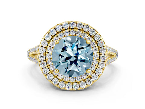 Yellow gold Round Cut Aquamarine Double Halo Ring with Pavé Band and Prong Setting_12