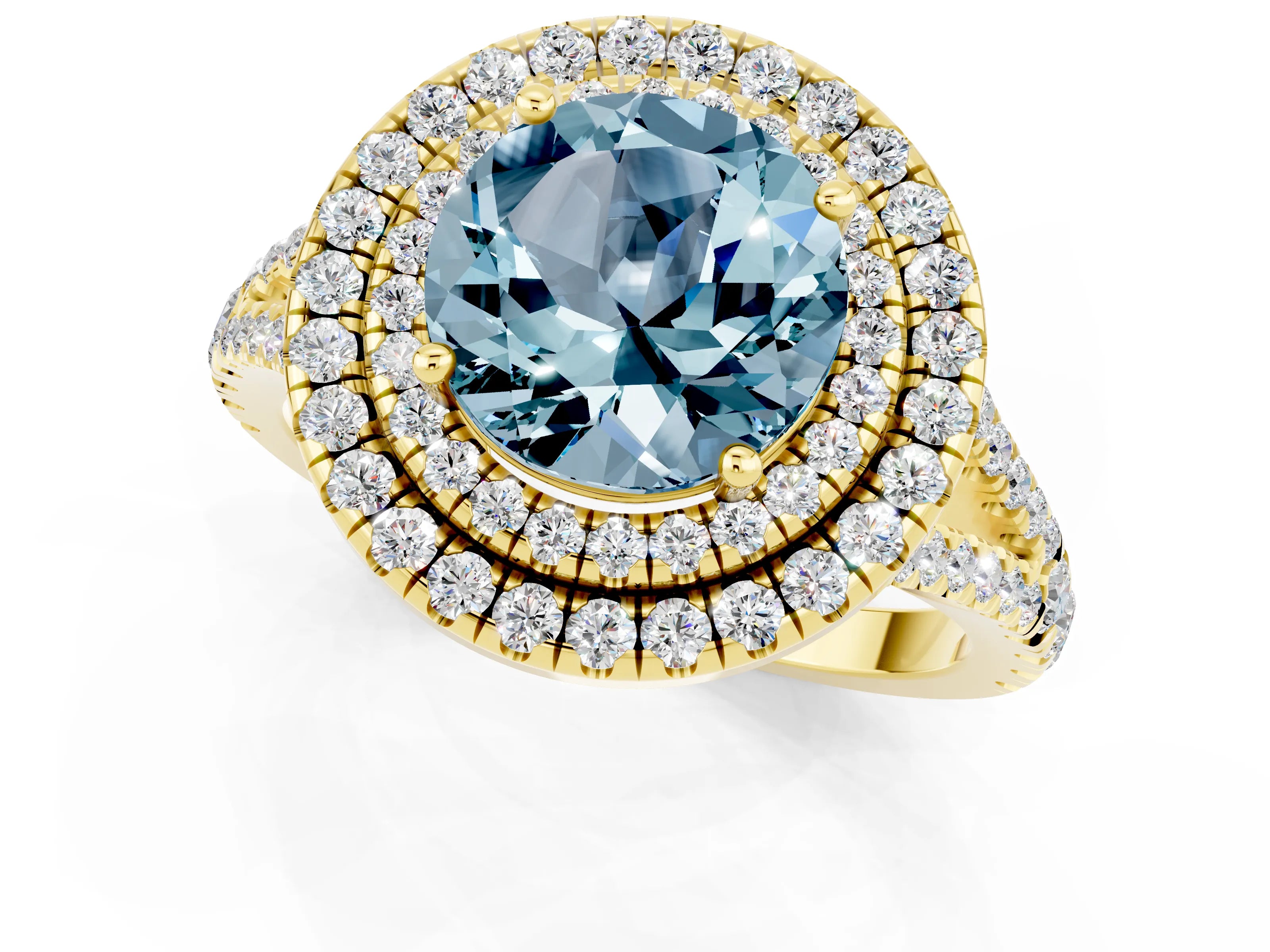 Yellow gold Round Cut Aquamarine Double Halo Ring with Pavé Band and Prong Setting_13