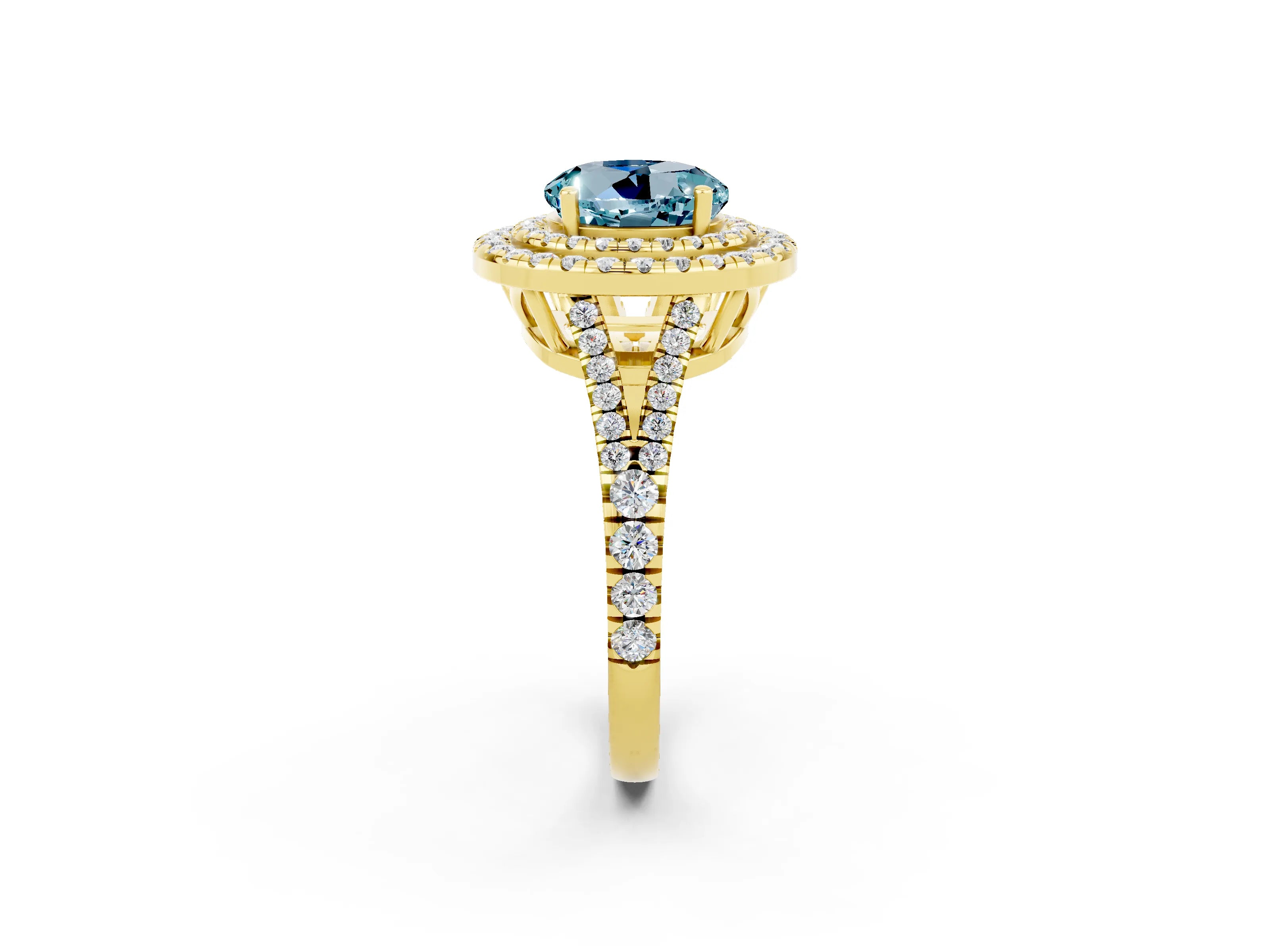 Yellow gold Round Cut Aquamarine Double Halo Ring with Pavé Band and Prong Setting_14