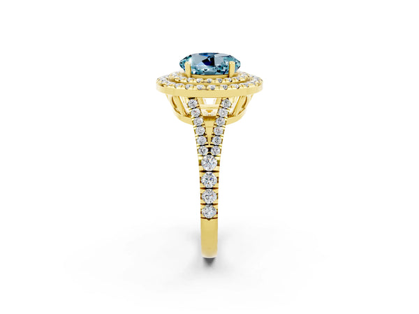 Yellow gold Round Cut Aquamarine Double Halo Ring with Pavé Band and Prong Setting