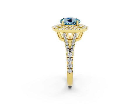 Yellow gold Round Cut Aquamarine Double Halo Ring with Pavé Band and Prong Setting_14