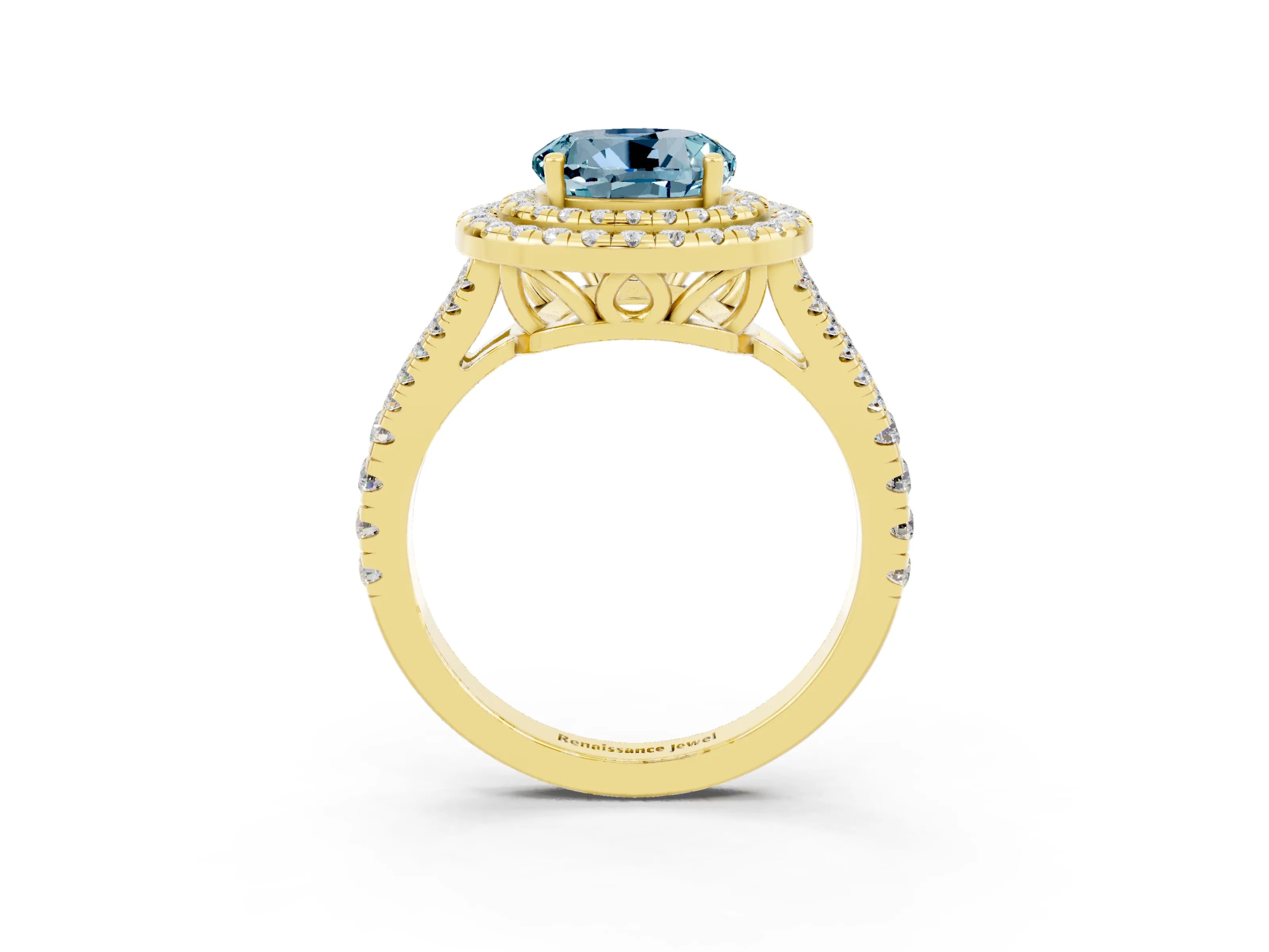 Yellow gold Round Cut Aquamarine Double Halo Ring with Pavé Band and Prong Setting_15