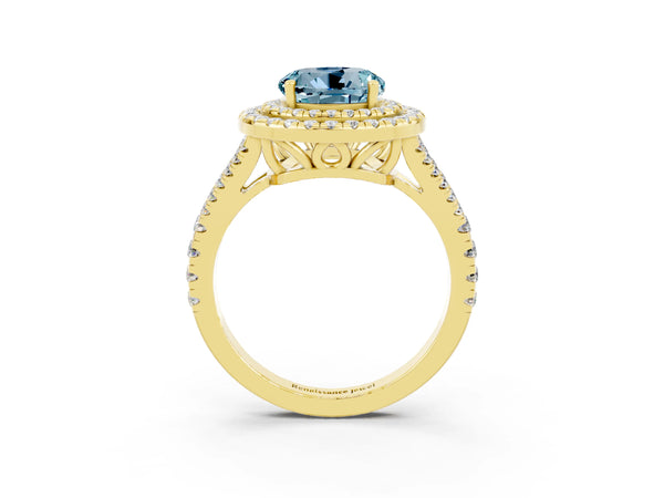 Yellow gold Round Cut Aquamarine Double Halo Ring with Pavé Band and Prong Setting