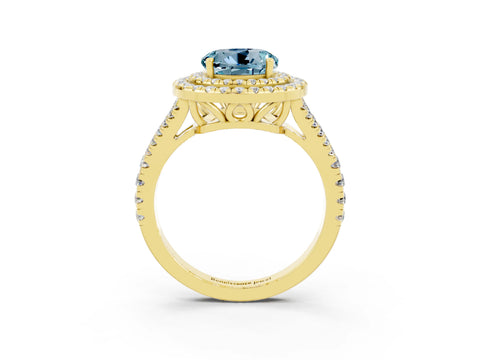 Yellow gold Round Cut Aquamarine Double Halo Ring with Pavé Band and Prong Setting_15