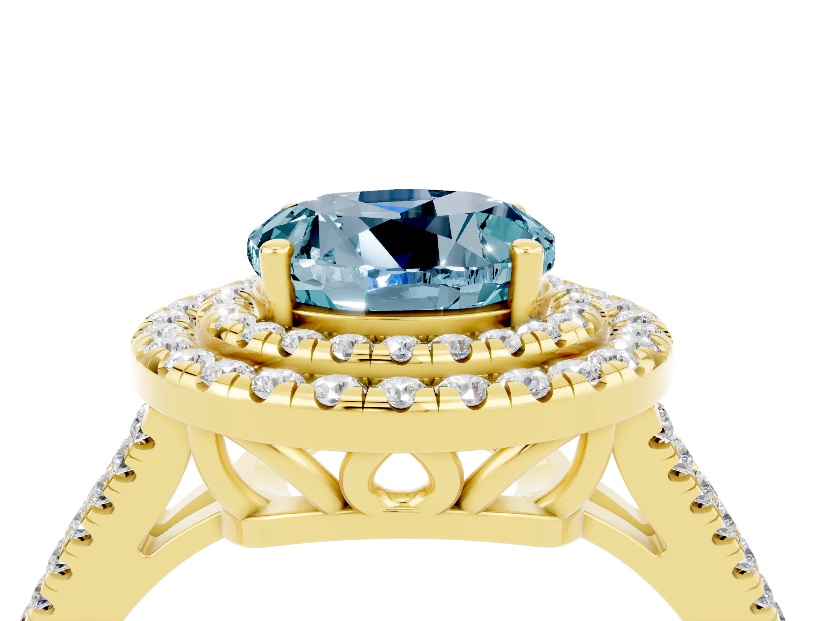 Yellow gold Round Cut Aquamarine Double Halo Ring with Pavé Band and Prong Setting_16