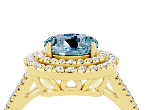 Yellow gold Round Cut Aquamarine Double Halo Ring with Pavé Band and Prong Setting_16