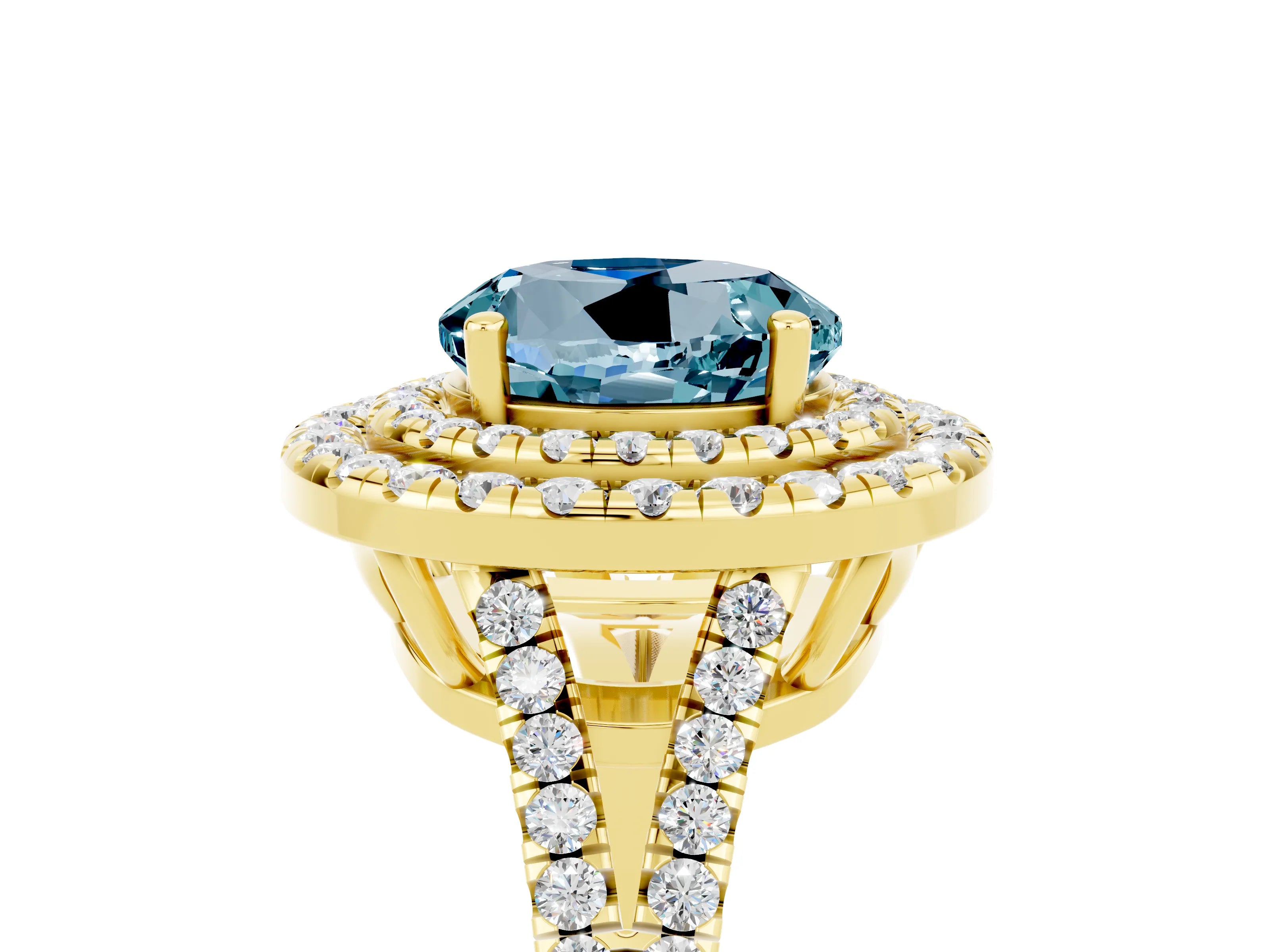 Yellow gold Round Cut Aquamarine Double Halo Ring with Pavé Band and Prong Setting_17