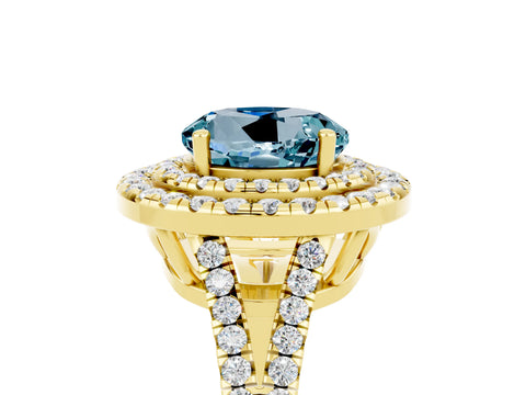 Yellow gold Round Cut Aquamarine Double Halo Ring with Pavé Band and Prong Setting_17
