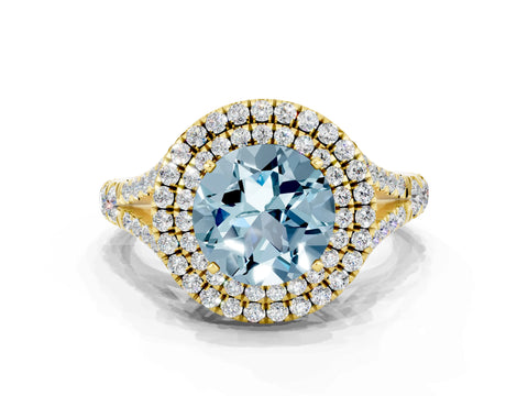 Yellow gold Round Cut Aquamarine Double Halo Ring with Split Shank and Prong Setting_12