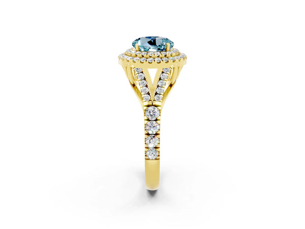 Yellow gold Round Cut Aquamarine Double Halo Ring with Split Shank and Prong Setting