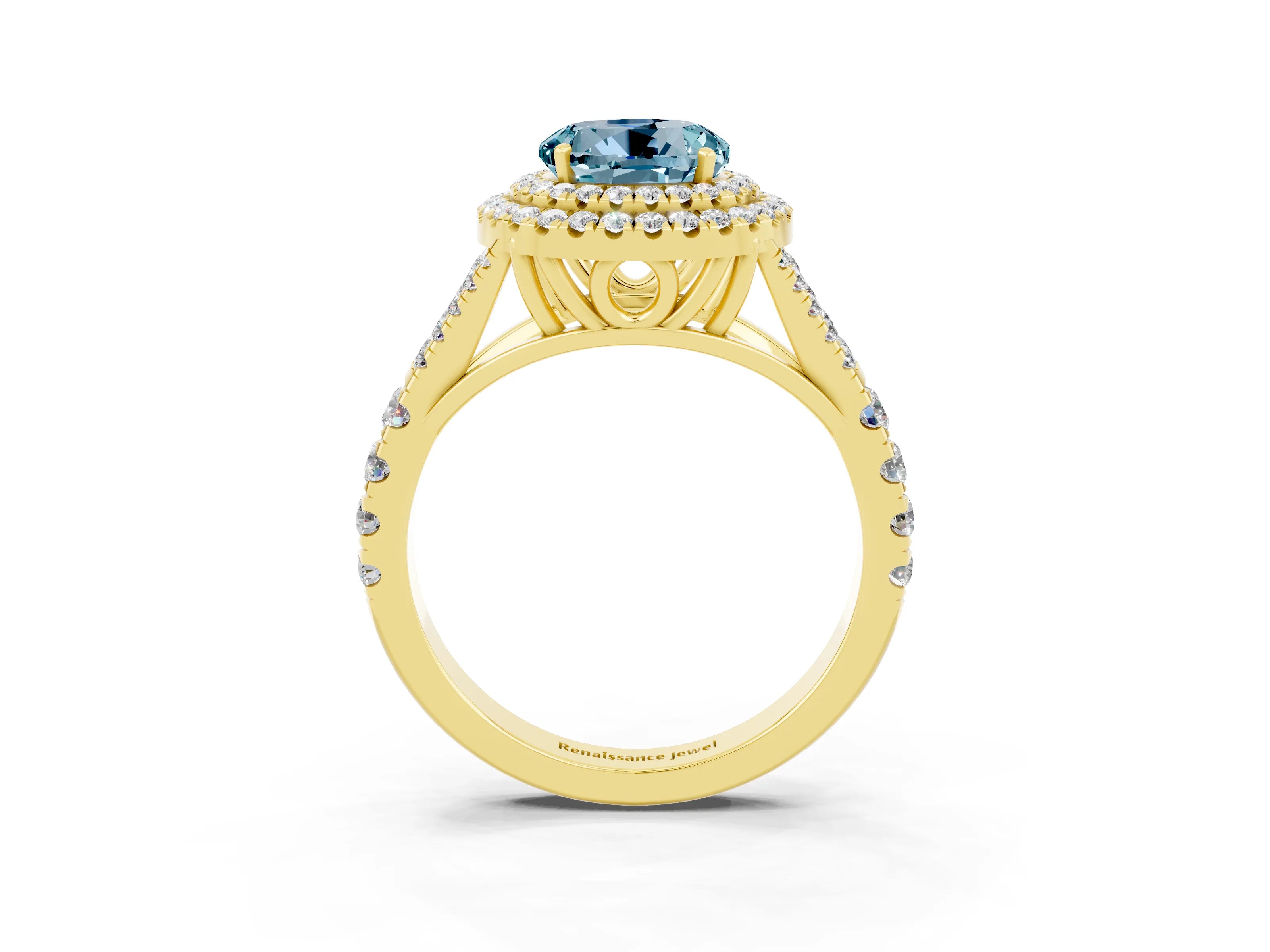Yellow gold Round Cut Aquamarine Double Halo Ring with Split Shank and Prong Setting_15