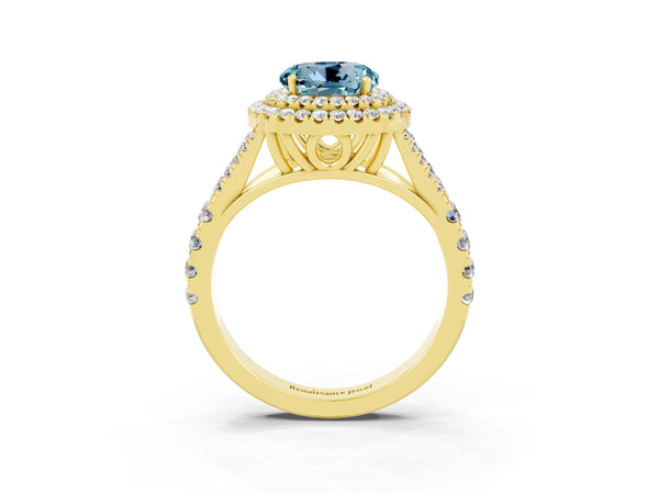 Yellow gold Round Cut Aquamarine Double Halo Ring with Split Shank and Prong Setting