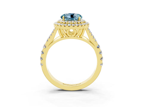 Yellow gold Round Cut Aquamarine Double Halo Ring with Split Shank and Prong Setting_15