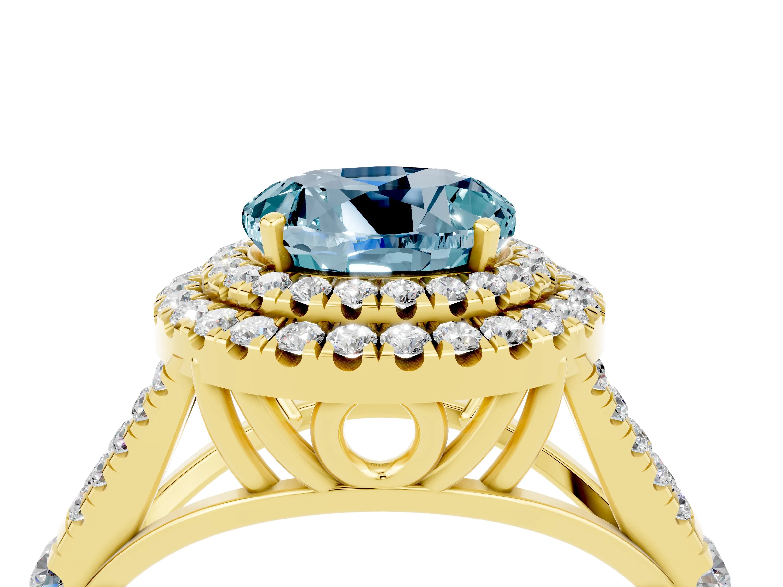 Yellow gold Round Cut Aquamarine Double Halo Ring with Split Shank and Prong Setting_16