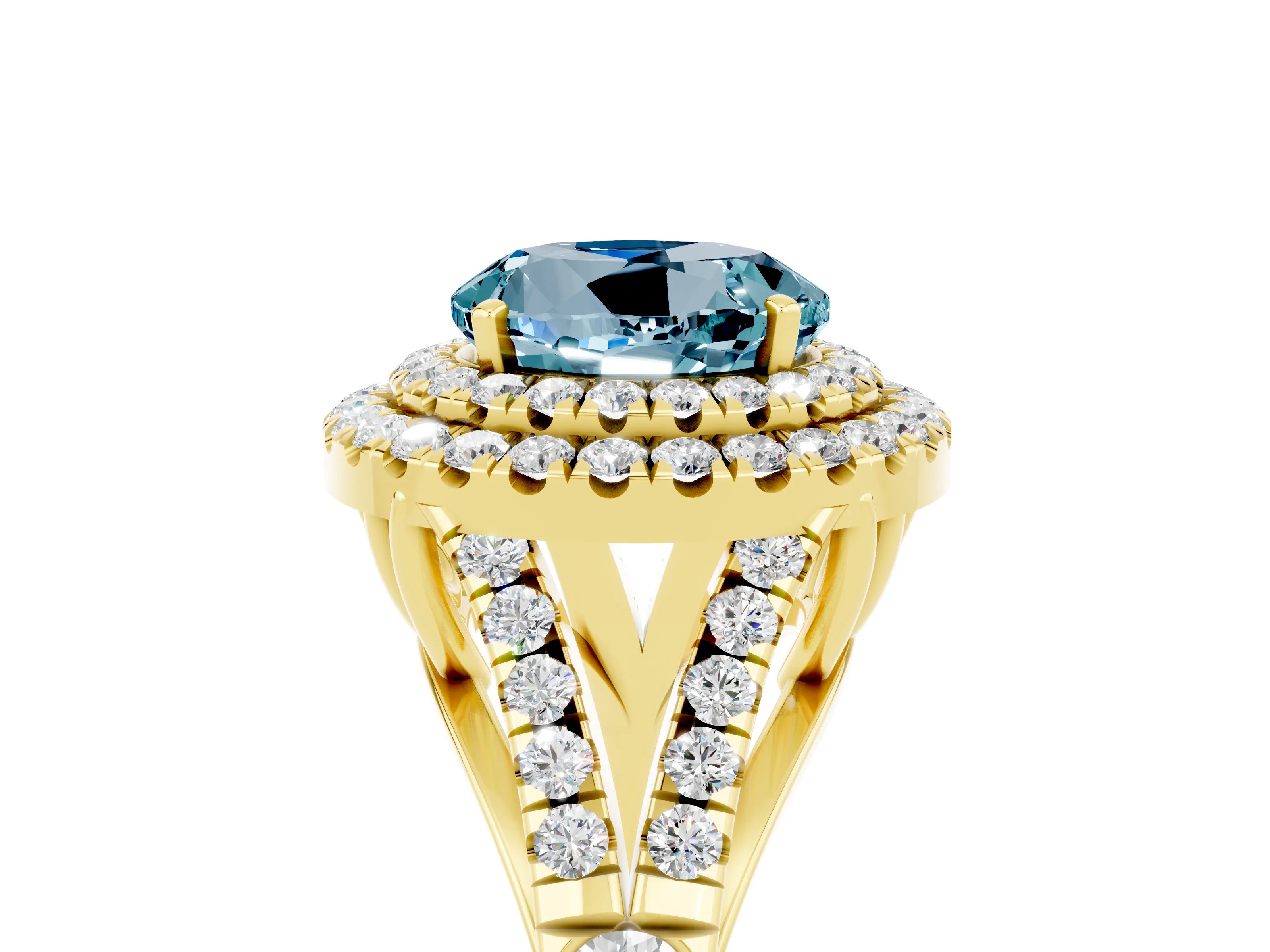 Yellow gold Round Cut Aquamarine Double Halo Ring with Split Shank and Prong Setting_17
