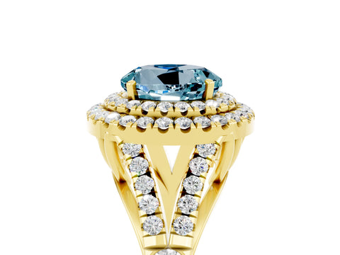 Yellow gold Round Cut Aquamarine Double Halo Ring with Split Shank and Prong Setting_17
