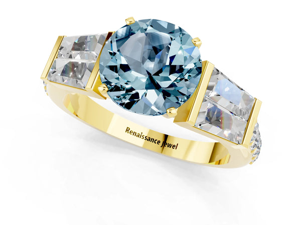 Yellow gold Round Cut Aquamarine Engagement Ring with Baguette Side Stones and Channel Set Band