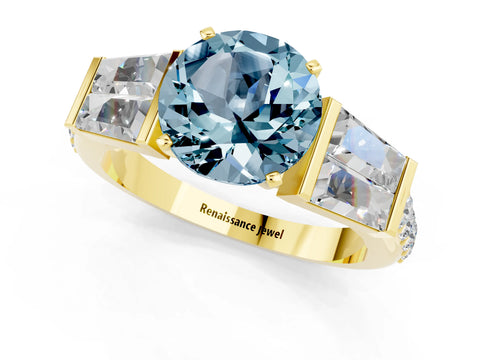 Yellow gold Round Cut Aquamarine Engagement Ring with Baguette Side Stones and Channel Set Band_1