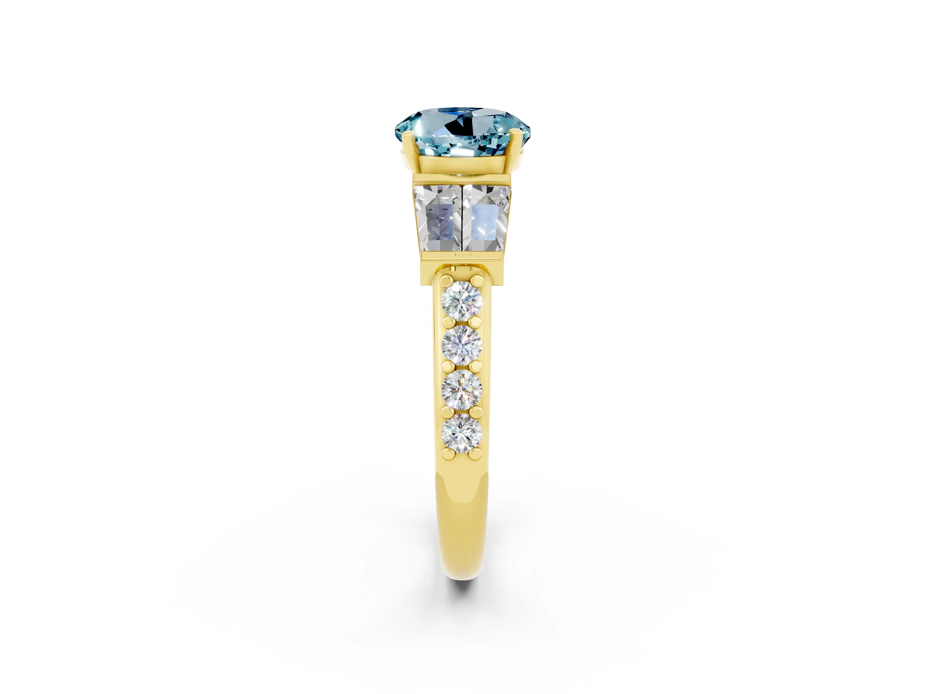 Yellow gold Round Cut Aquamarine Engagement Ring with Baguette Side Stones and Channel Set Band_2