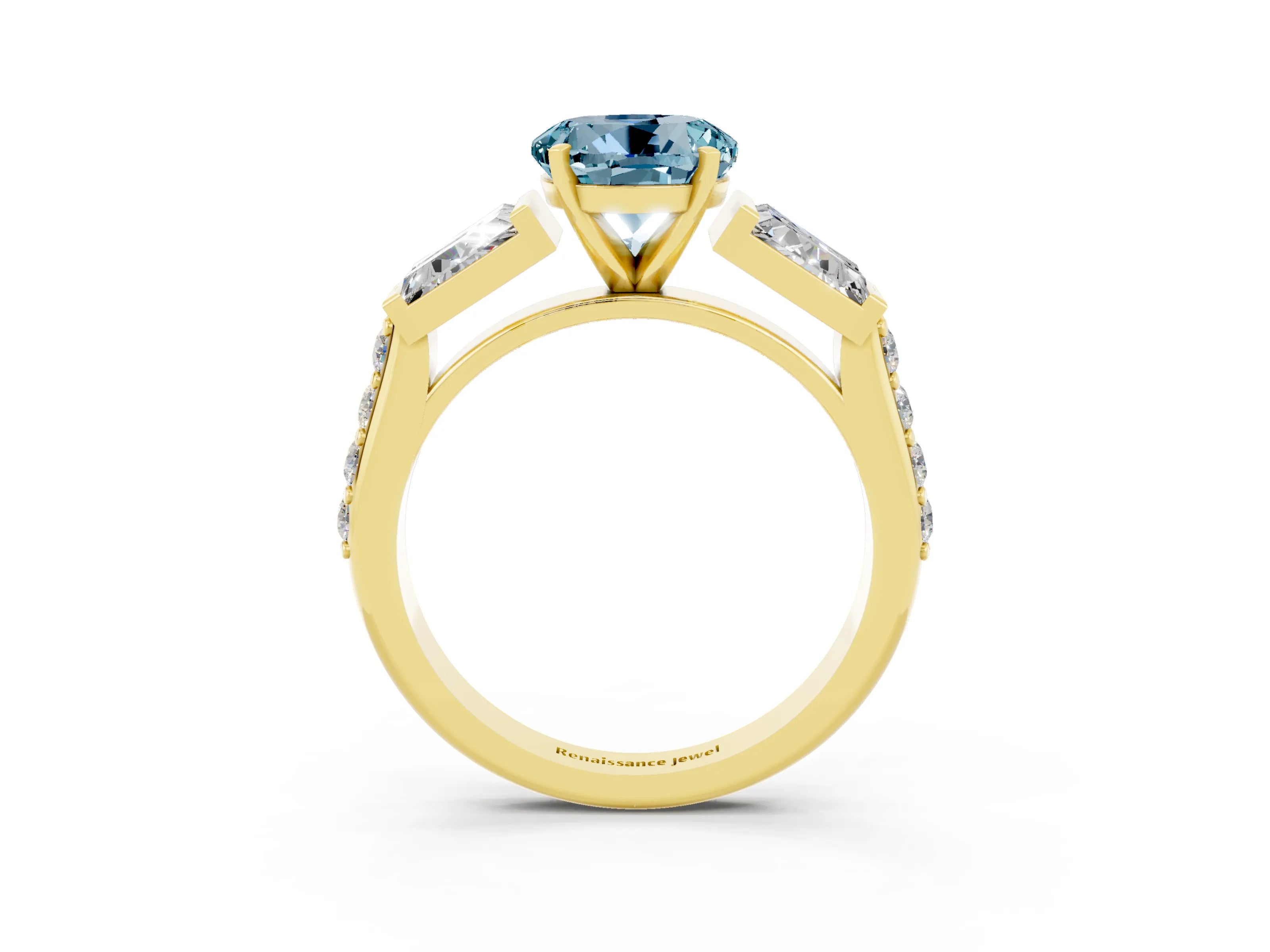 Yellow gold Round Cut Aquamarine Engagement Ring with Baguette Side Stones and Channel Set Band_3