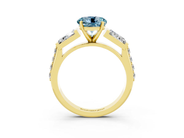 Yellow gold Round Cut Aquamarine Engagement Ring with Baguette Side Stones and Channel Set Band