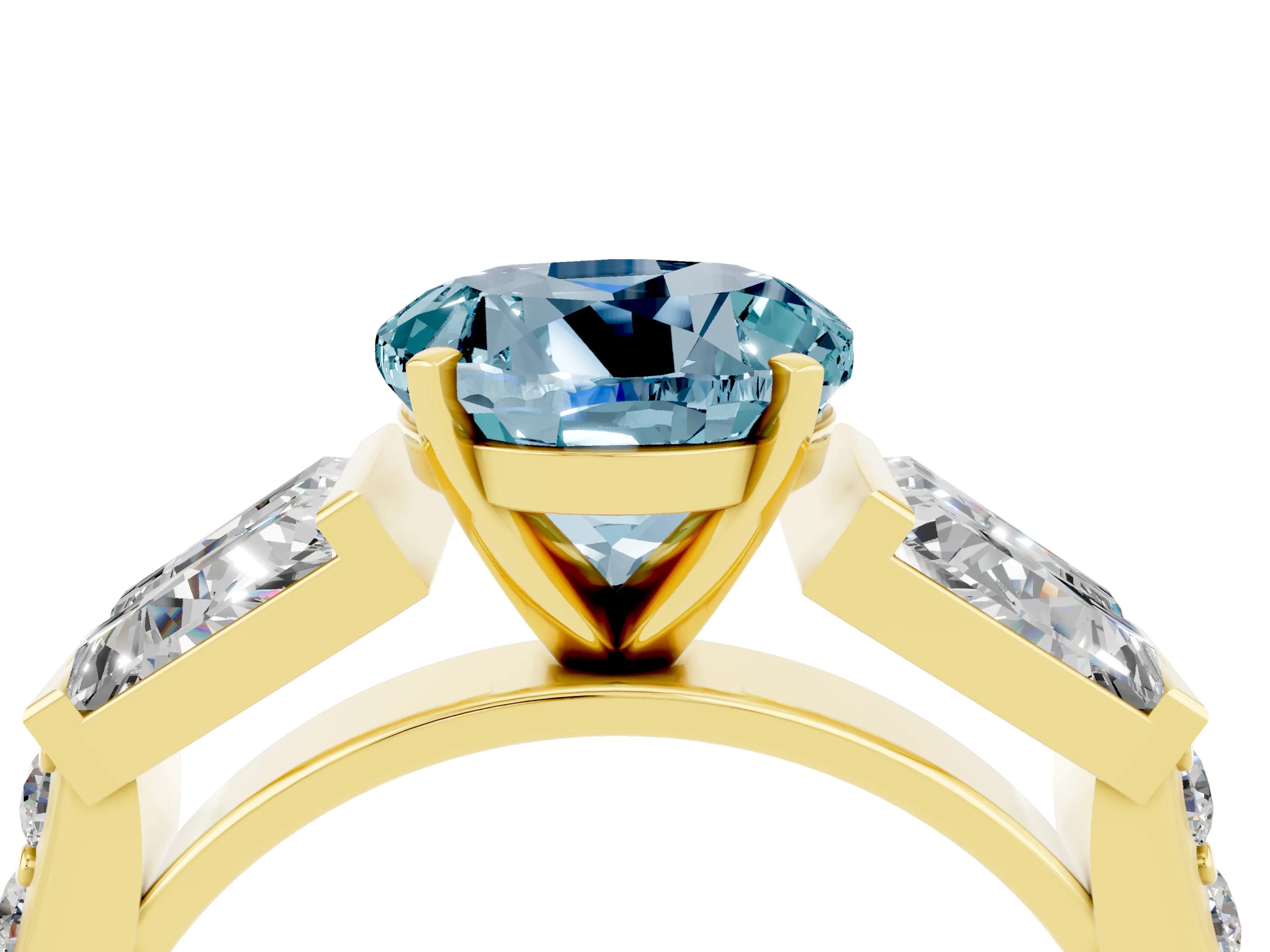 Yellow gold Round Cut Aquamarine Engagement Ring with Baguette Side Stones and Channel Set Band_4