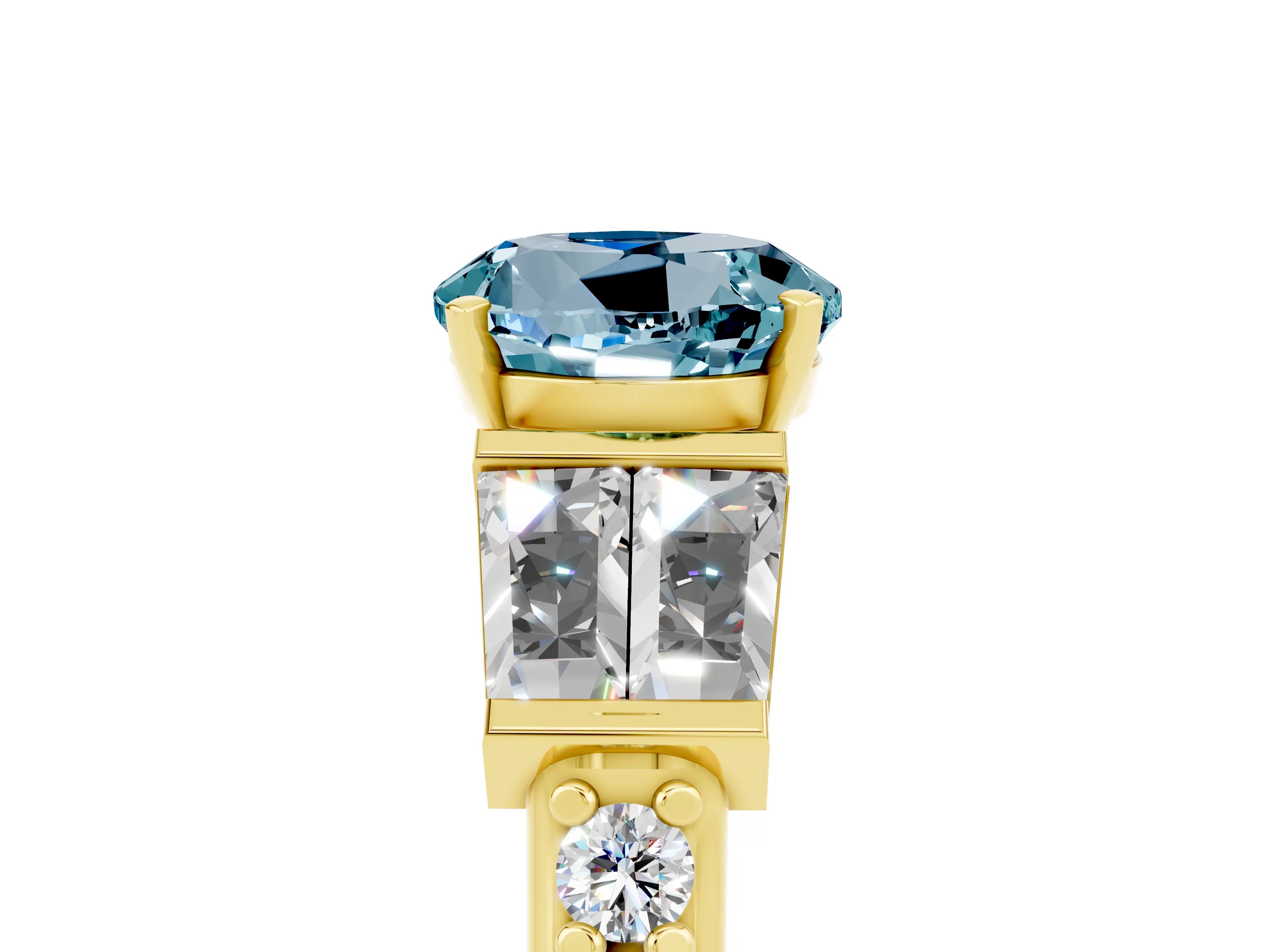 Yellow gold Round Cut Aquamarine Engagement Ring with Baguette Side Stones and Channel Set Band_5