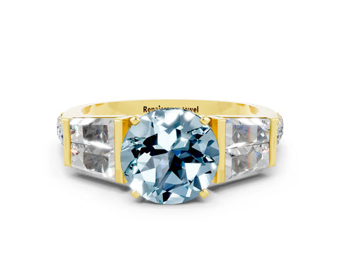 Yellow gold Round Cut Aquamarine Engagement Ring with Baguette Side Stones and Channel Set Band