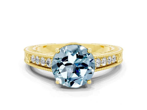 Yellow gold Round Cut Aquamarine Engagement Ring with Milgrain Channel Set Band and Prong Setting