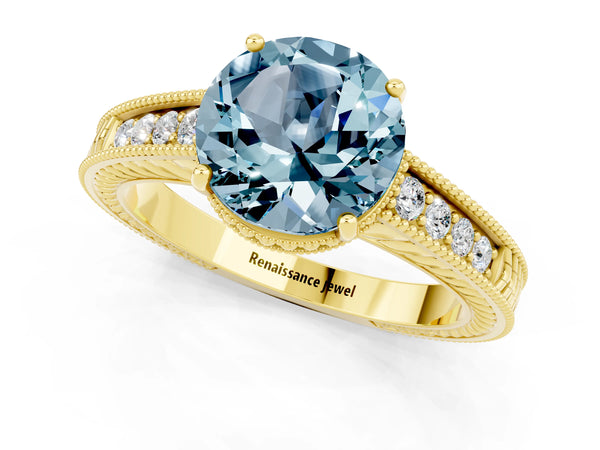 Yellow gold Round Cut Aquamarine Engagement Ring with Milgrain Channel Set Band and Prong Setting