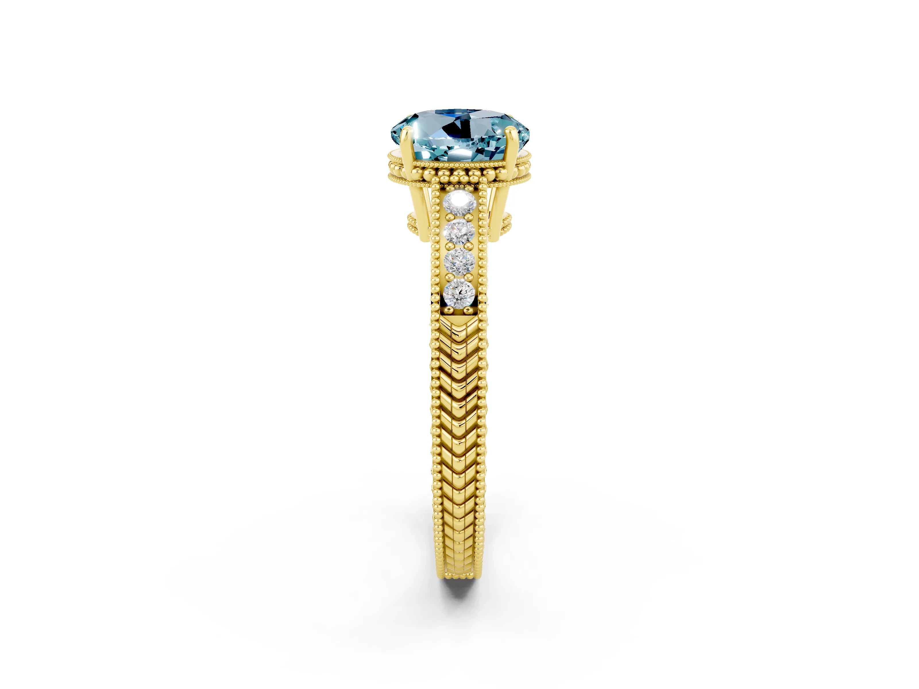 Yellow gold Round Cut Aquamarine Engagement Ring with Milgrain Channel Set Band and Prong Setting_2