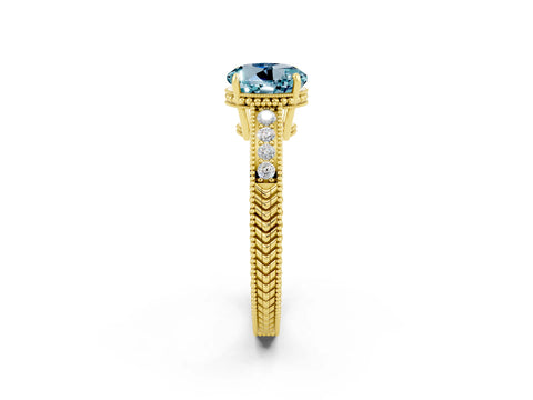 Yellow gold Round Cut Aquamarine Engagement Ring with Milgrain Channel Set Band and Prong Setting_2