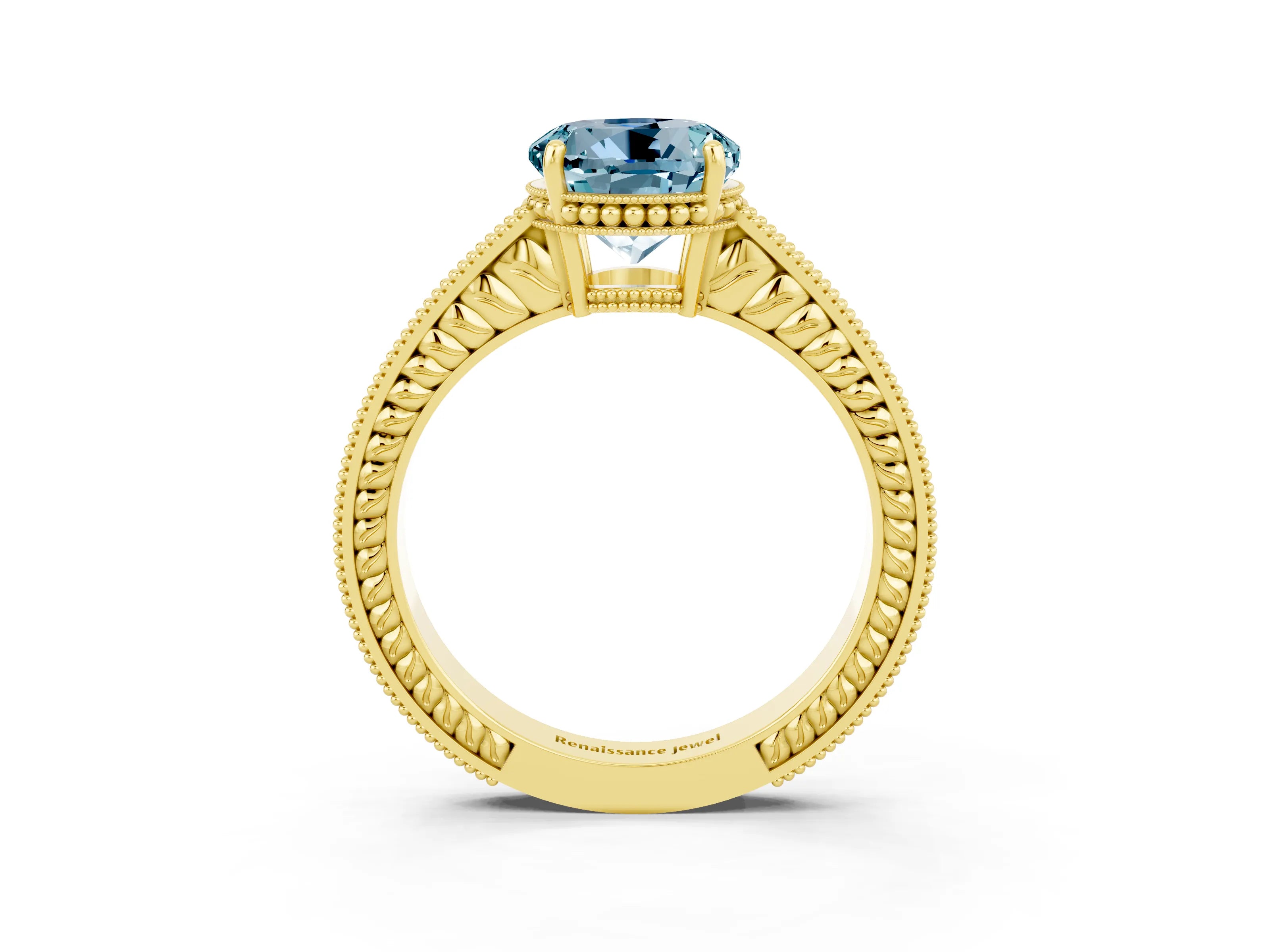 Yellow gold Round Cut Aquamarine Engagement Ring with Milgrain Channel Set Band and Prong Setting_3