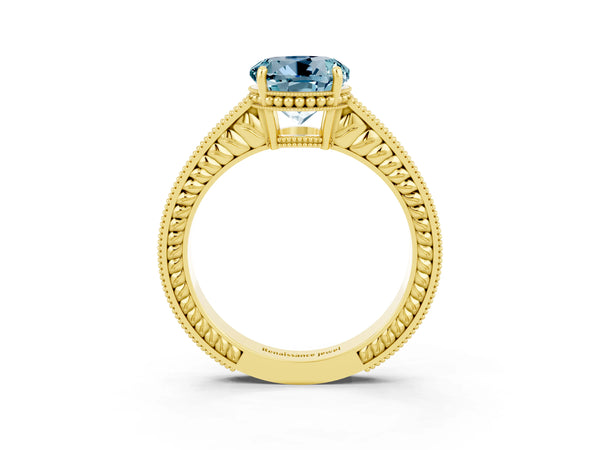 Yellow gold Round Cut Aquamarine Engagement Ring with Milgrain Channel Set Band and Prong Setting