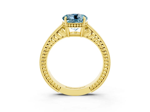Yellow gold Round Cut Aquamarine Engagement Ring with Milgrain Channel Set Band and Prong Setting_3