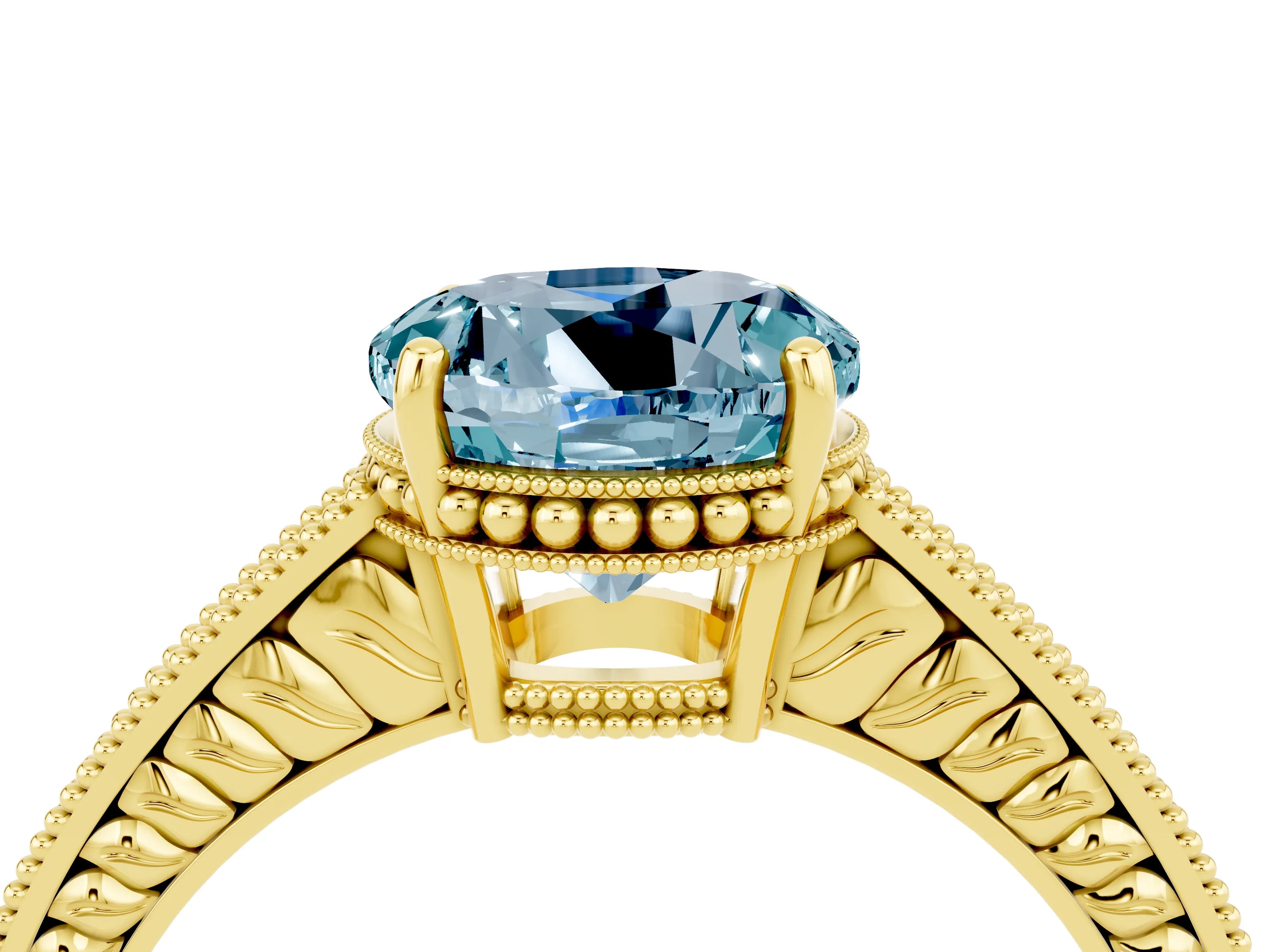 Yellow gold Round Cut Aquamarine Engagement Ring with Milgrain Channel Set Band and Prong Setting_4
