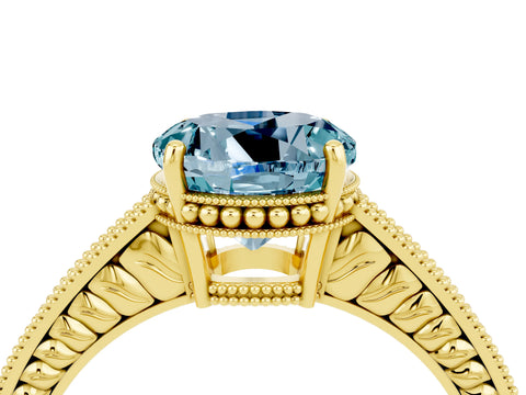 Yellow gold Round Cut Aquamarine Engagement Ring with Milgrain Channel Set Band and Prong Setting_4