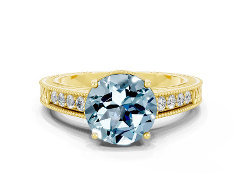 Yellow gold Round Cut Aquamarine Engagement Ring with Milgrain Channel Set Band and Prong Setting