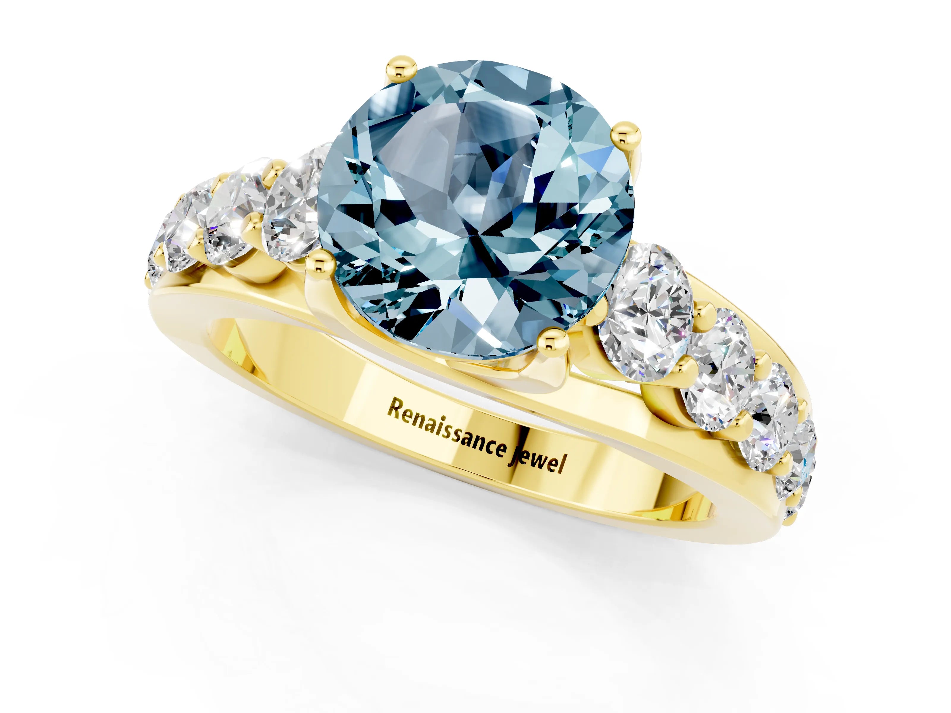 Yellow gold Round Cut Aquamarine Engagement Ring with Pavé Band and Four-Prong Setting_1