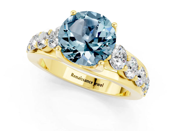 Yellow gold Round Cut Aquamarine Engagement Ring with Pavé Band and Four-Prong Setting