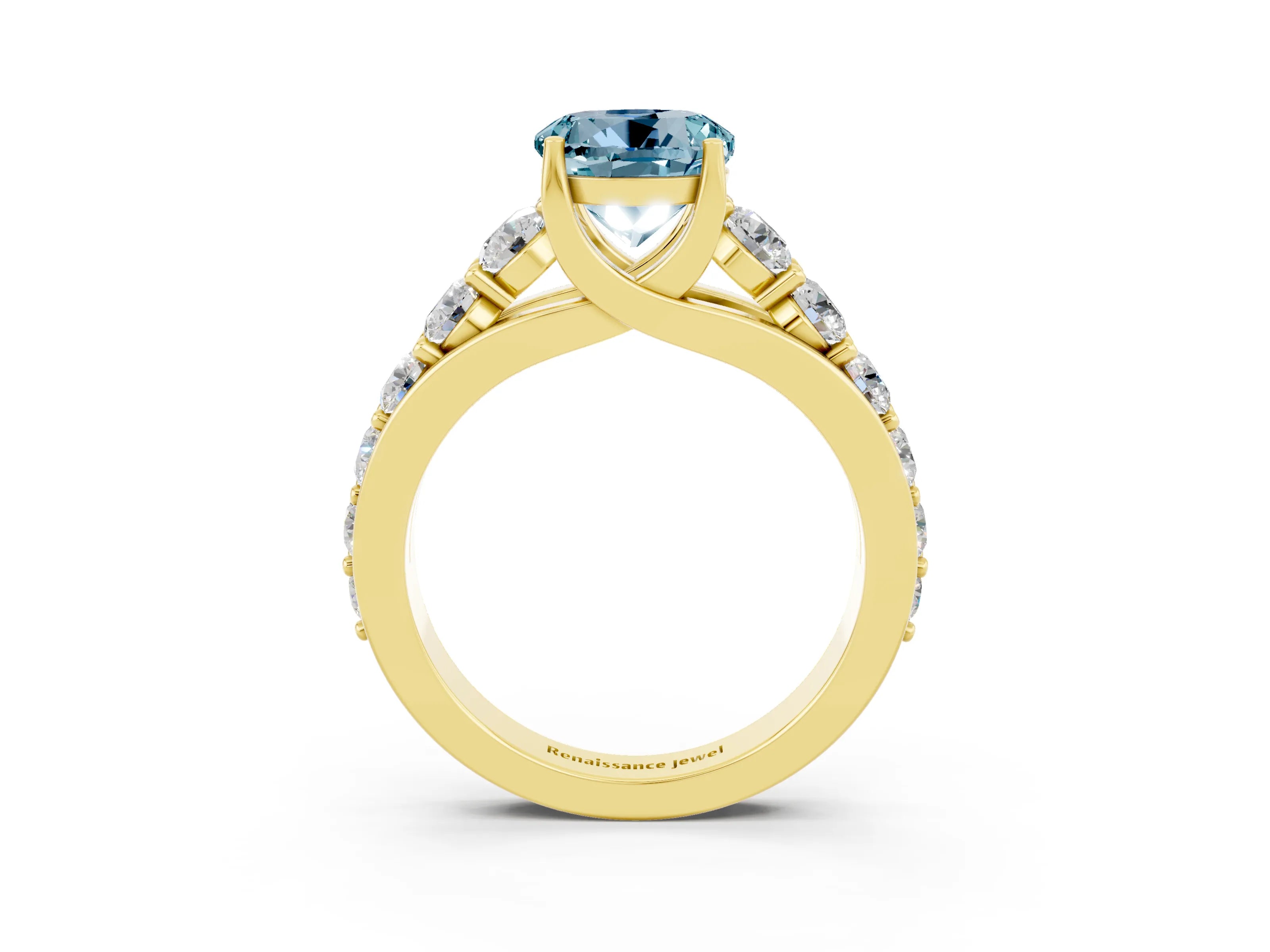 Yellow gold Round Cut Aquamarine Engagement Ring with Pavé Band and Four-Prong Setting_3