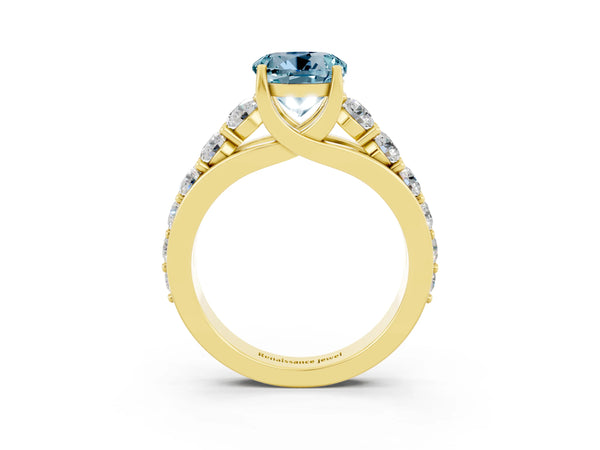 Yellow gold Round Cut Aquamarine Engagement Ring with Pavé Band and Four-Prong Setting