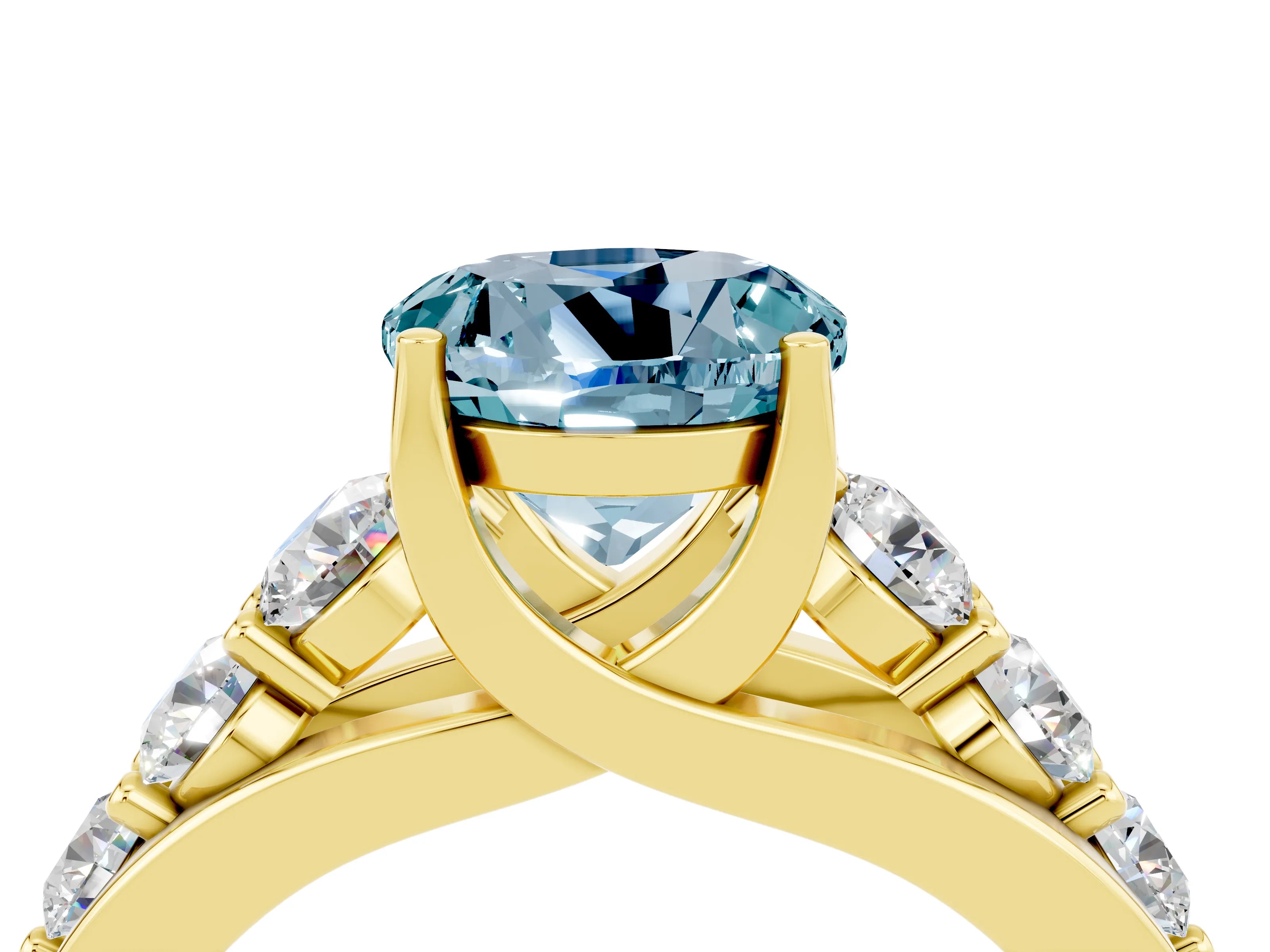 Yellow gold Round Cut Aquamarine Engagement Ring with Pavé Band and Four-Prong Setting_4