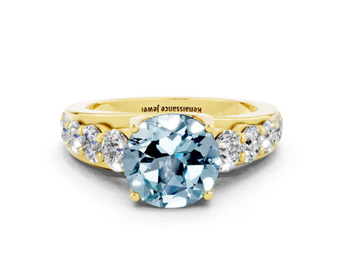 Yellow gold Round Cut Aquamarine Engagement Ring with Pavé Band and Four-Prong Setting