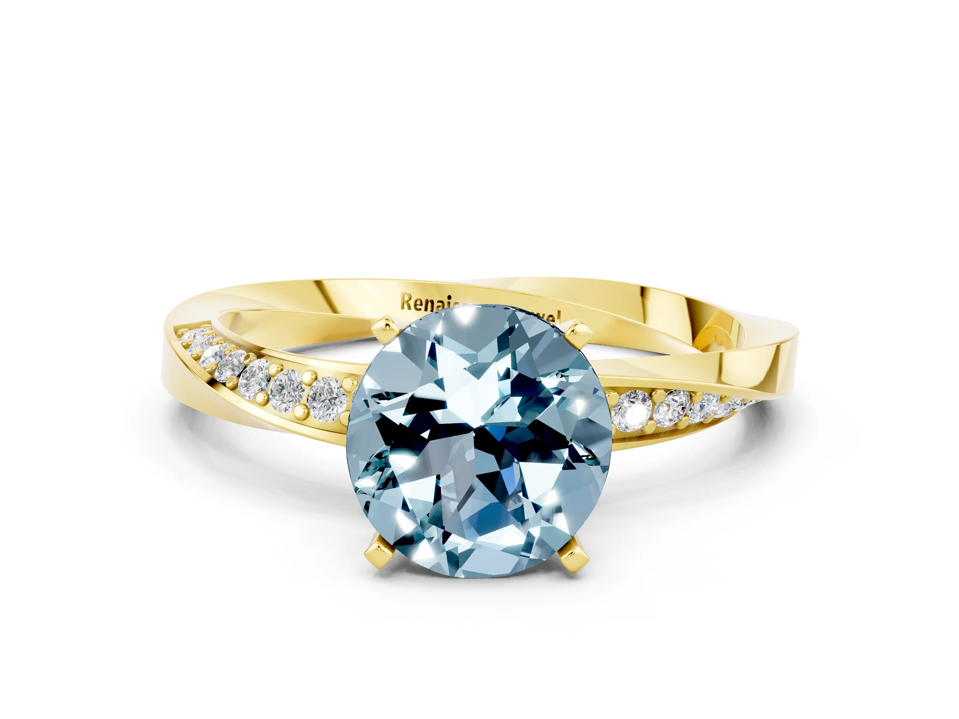 Yellow gold Round Cut Aquamarine Engagement Ring with Side Stone Accents and Four-Prong Setting_27